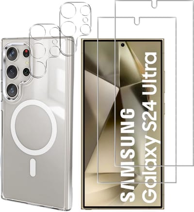 Samsung Galaxy S24 Ultra Hoesje backcover Shockproof siliconen Transparant met geïntegreerde magnetische cirkel + 2 gehard glazen screenprotectors + 2 Camera Protector van glas