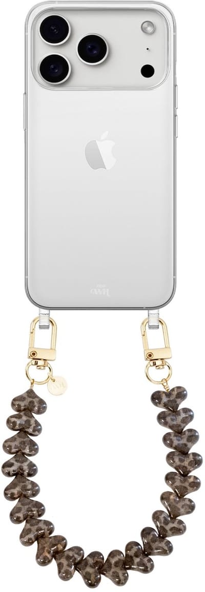 xoxo Wildhearts siliconen hoesje - Geschikt voor iPhone 17 Pro hoesje - Funky Hearts - Telefoonhoesje - Hoesje met koord - Transparant koord met Luipaard print - Kort telefoonkoord - Hartjes ketting - Transparant hoesje - Leopard