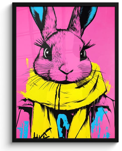 Poster in lijst - Fotolijst 50x70 cm - Posters - Konijn - Felroze - Sjaal - Abstract - Posterlijst zwart - Decoratie - Wanddecoratie woonkamer - Muurdecoratie slaapkamer