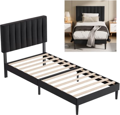 KUTAS Gestoffeerd Eenpersoonsbed 90x200 cm - Metalen Bedframe - Gestoffeerd Bed - Met Hoogte Verstelbaa Hoofdbord en Lattenbodem - Met Opbergruimte Onder Bed - Minimalistisch Bedframe - Zwart