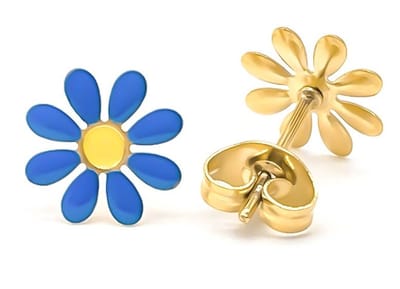 Oorbellen - oorknopjes - staal - studs - bloemetje - blauw - geel - vrolijk - accessoire - sieraad - oorsieraad - hip - tijdloos - vrouwen - dames - unisex - cadeau - feest