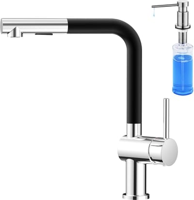 CECIPA Max Keukenkraan met Uittrekbare Uitloop - Keukenmengkraan - Met Zeepdispenser 300ML - Handdouche - Uittrekbaar - 2 straalsoorten - Chrome+Zwart