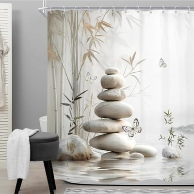 Zen Bamboe Douchegordijn Grijs Vlinder Steen Pastel Meditatie Ontspannend Kalmerend Botanische Plant Groene Bladeren Meisjesachtig Badkamer W60H190(CM)-1 Pcs gray
