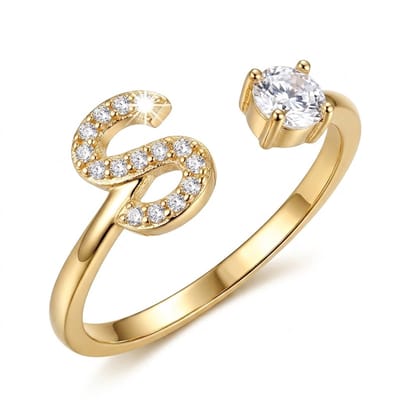 Goudkleurige witkleurige ring dames met initiaal S en ronde steen – open ring verstelbaar letter ring met strass details en zirkonia look