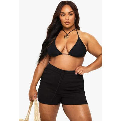 boohoo Dames Plus Crinkle Katoenen Strandshorts | Black | Maat: 22