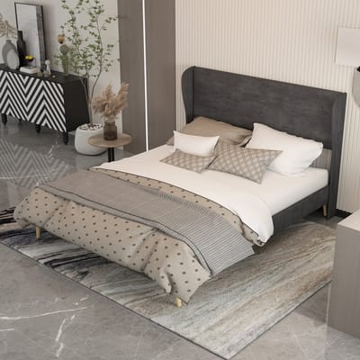 MODFU - Bedframe 160x200 cm – Gestoffeerd met zacht hoofdbord – Metalen frame – Grijs