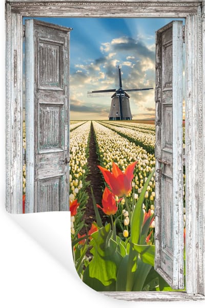 Muurstickers - Sticker Folie - Bloemen - Molen - Lente - Doorkijk - 20x30 cm - Plakfolie - Muurstickers Kinderkamer - Zelfklevend Behang - Zelfklevend behangpapier - Stickerfolie