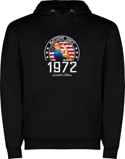 Zwarte unisex hoodie met “ Kleurrijke Awesome Since 1972 Limited Edition – Leeftijd – Verjaardag “ Print Full Color Color merk Roly maat S
