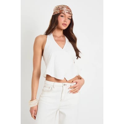 boohoo Dames Linnen-look Haltertop Met Overslag | Natural | Maat: 36