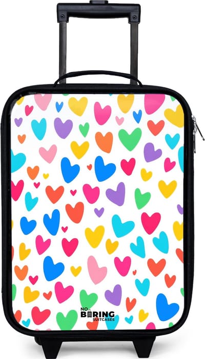 NoBoringSuitcases.com® - Kinderkoffer jongen - Kindertrolley meisje - Gekleurde hartjes - Koffer kind lichtgewicht - Reiskoffer trolley voor kinderen - Koffertje met lichtgevende wieltjes - Rolkoffer zwart