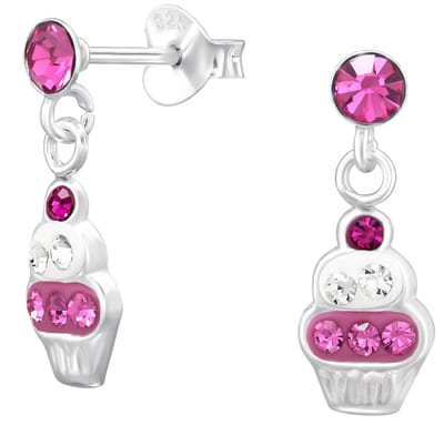 Joy|S - Zilveren cupcake oorbellen - bedel oorknoppen - zilver - roze wit kristal