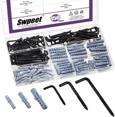 SnelShoppen - 150pcs Zwarte Metalen Schroef Haak Set - L-vormige Beugel Haken met Uitbreidingsbuizen - Geschikt voor Foto's, Planken en Decoratie
