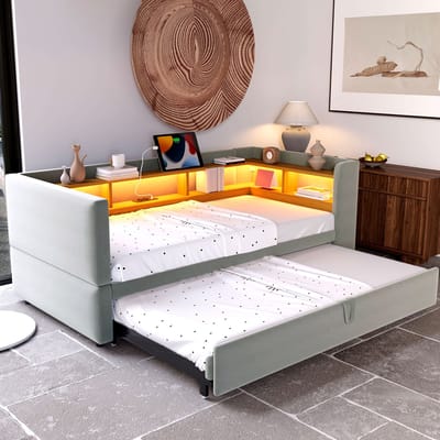 MEUNIQ slaapbank 90/180x190 cm met uitschuifbaar bed, LED-verlichting, stopcontacten en opbergvakken, gestoffeerd bed met lattenbodem voor woonkamer of slaapkamer, lichtgrijs