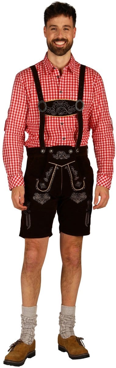 Oktoberfest Lederhosen - Jonas - Velvet - Kort Model Donkerbruin - Maat 48 - S