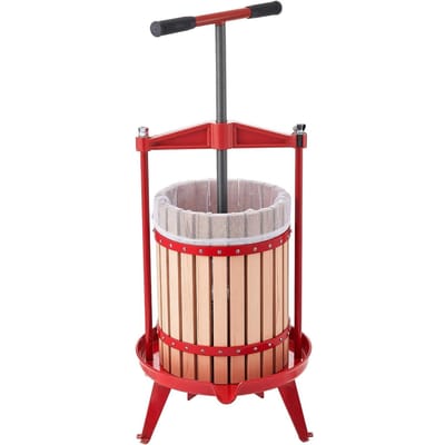 Fruitwijnpers, 4,75 Gal/18L Handmatige Sapmaker, Massief Beukenhouten Mand, Vintage Traditionele Sapcentrifuge met 2 Filterzakken, Robuust T-vormig Handvat