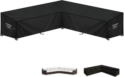 Famanu - Tuinmeubelhoes L-Vorm Afdekhoes voor Tuinmeubelen Waterdichte Rotan Hoekbankhoes Buiten Tuinbankhoes Lounge Afdekking Beschermhoes voor Hoekbank met Ventilatieopeningen, 265x265x100x90/65cm