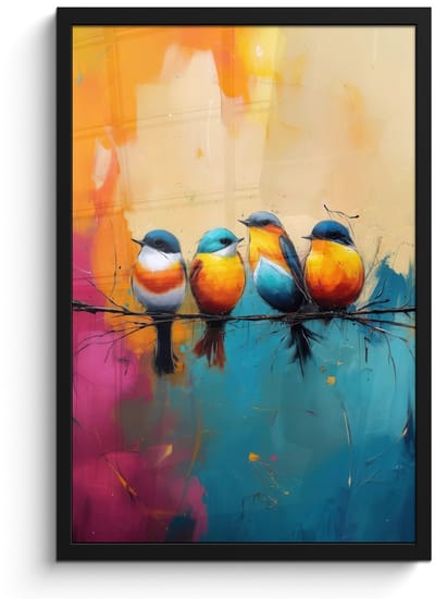 Poster in lijst - Fotolijst 40x60 cm - Posters - Vogels - Kleurrijk - Tak - Abstract - Posterlijst zwart - Decoratie - Wanddecoratie woonkamer - Muurdecoratie slaapkamer