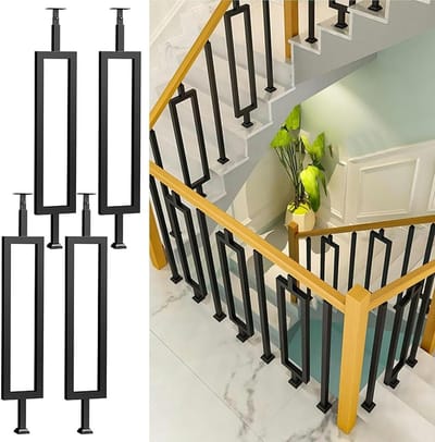 Metalen Trapspindels - Rechthoekige Balusters - Trap Renoveren - Verstelbare Beugels - 4 Stuks 96 cm - Zwart