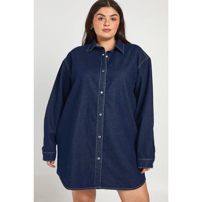 boohoo Dames Plus Oversized Denim Jurk Met Hemdkraag | Indigo | Maat: 44