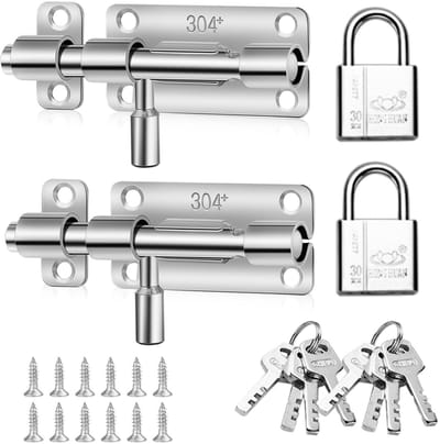 Dailygoods - 2 sets deurslot bouten, roestvrij stalen boutsloten met hangslot, schuifpoort grendel poortbouten voor houten poorten, deurvergrendeling sloten voor badkamer slaapkamer tuinhuisje garagedeursloten