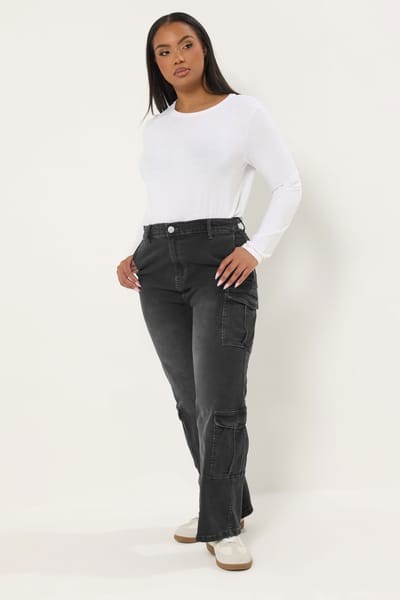 Yours Zwarte Cargo Jeans Met Wassend Effect Size 42