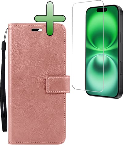 Hoesje Met Screenprotector - Geschikt voor Apple iPhone 16 - Luxe Pasjeshouder - Bookcase Portemonee - Flip Case - Kunstleer Book Case - Flipcase - Book Cover - Walletcase - Portemonneehoes - Rosé goud