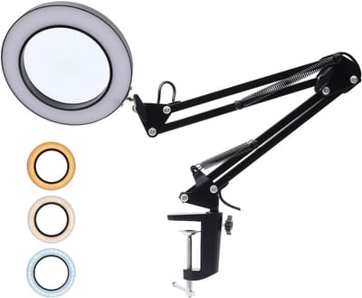 Verstelbare LED Vergrootglas Tafellamp met Klem en Dimbare Verlichting - 3 Kleuren