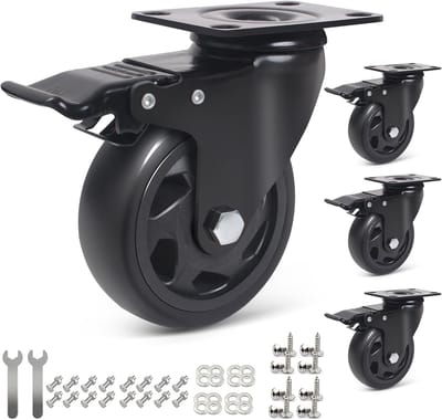 meubelwielen met rem, set van 4 stille wielen, 100 mm, draagvermogen 650 kg, PU-plaat, wielen voor het verplaatsen van meubels, uitrusting, 16 schroeven