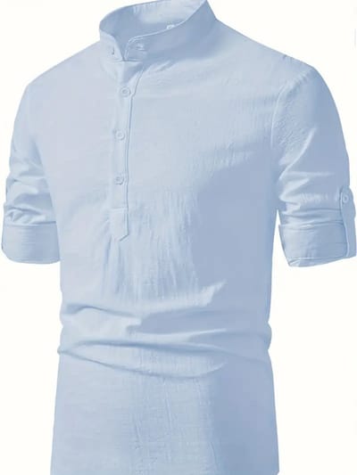 Livano Linnen Blouse Heren - t shirt - Polo - Overhemd - Shirt - Zomer - Ibiza Stijl - Hemelsblauw - Maat S
