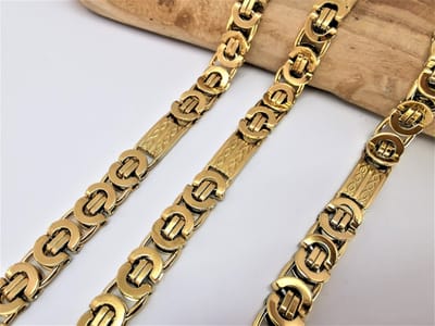 RVS goudkleurig - koningsschakel - ketting - met bewerkte schakels tussen, L70 cm-B12 mm. Stoer om te geven en te dragen.