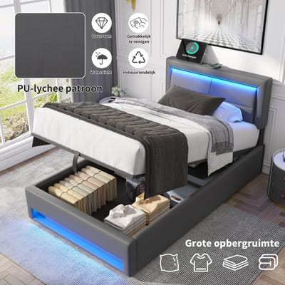 MIVRAY Gestoffeerd Bed 90x200 Cm - Met Usb Oplaadpunt En Led Verlichting - Met Opbergruimte - Zonder Matras - Pu - Grijs