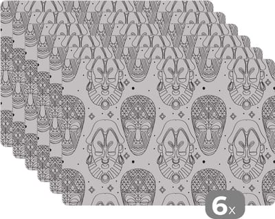 Placemat - Placemats kunststof - Patroon - Maskers - Zuid-Amerika - 45x30 cm - 6 stuks - Hittebestendig - Anti-Slip - Onderlegger - Afneembaar