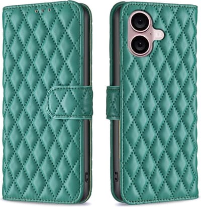 BINFEN Hoesje - Geschikt voor iPhone 16 Hoesje - BINFEN Rhombus Book Case - Groen
