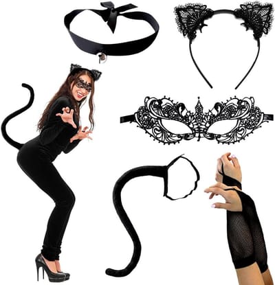 Zwarte Kat Carnaval Cosplay Set voor Vrouwen - 5-delige Kostuum met Kanten Masker, Hoofdband, Kattenstaart en Handschoenen voor Feest en Verkleedpartijen