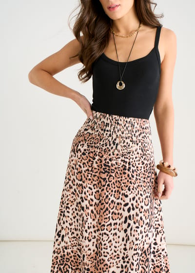 Bruine skaterrok met dierenprint en elastische tailleband
