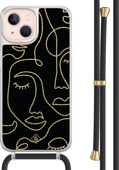 Casimoda® hoesje met zwart koord - Geschikt voor iPhone 13 - Abstract Faces - Afneembaar koord - TPU/acryl - Zwart