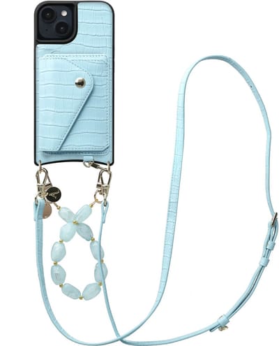 AVY Leren Hoesje geschikt voor Apple iPhone 15 | Met Koord en Kaarthouder | Compatibel met MagSafe | Leather Case met Polsand & Crossbody Koord & Wallet | Rocher Leather Set | Croco Blauw