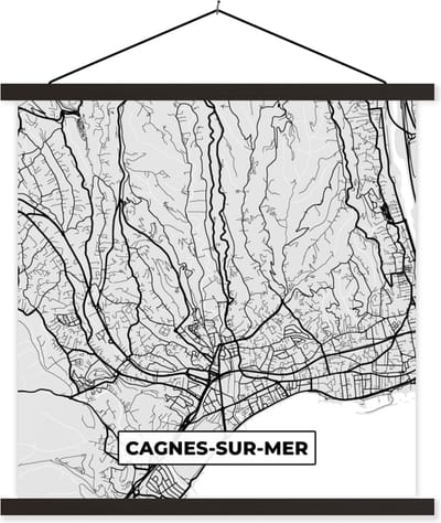 Posterhanger incl. Poster 60x60 cm - Schoolplaat - Frankrijk - Cagnes-sur-Mer - Stadskaart - Plattegrond - Kaart - Textielposter - Zwarte latten - Stadskaart