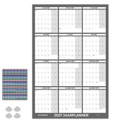 Huurdies Jaarplanner 2027 – Maandagstart – Inclusief Planningsstickers & Ophangstickers – 115 g/m² Blueback – Weekenden Gekleurd – Onyx