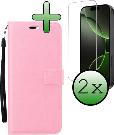 Hoesje Met 2x Screenprotector - Geschikt voor Apple iPhone 16 Pro - Luxe Pasjeshouder - Bookcase Portemonee - Flip Case - Kunstleer Book Case - Flipcase Hoes - Book Cover - Walletcase - Portemonneehoes - Lichtroze