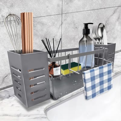 Dailygoods- Gootsteenorganizer Roestvrij Staal - Afdruiprek met Handdoekhouder - Bestekmanden - Automatische Afvoer - Praktische Opbergmogelijkheden - Tijdloos Design - Afwasrek