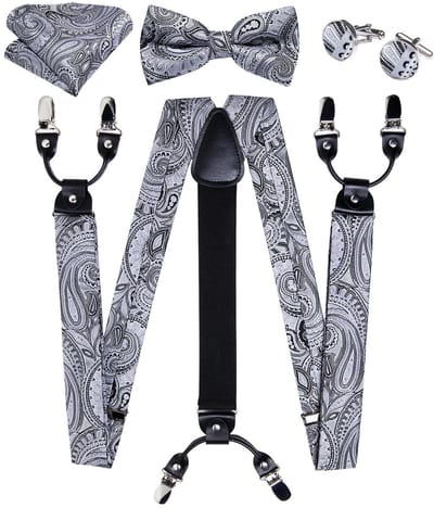 Sorprese Bretels Set Heren - 4 Delig - 100% Zijde - Bretels met Vlinderdas, Pochet & Manchetknopen - Zilver Paisley - Luxe Cadeauset Heren