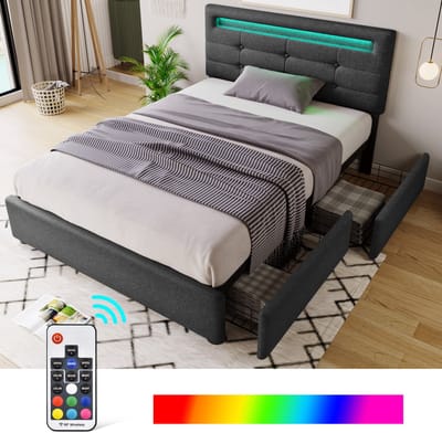 FloraGrace Gestoffeerd Bed 90x200cm – Eenpersoonsbed Met Led Verlichting – Verstelbaar Hoofdbord – 2 Lades – Zonder Matras – Linnen – Grijs