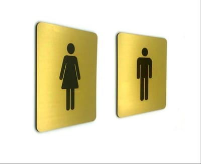 Deurbordje Toilet - WC bordjes - Tekstbord WC - Toilet bordje - WC - Bordje - WC Heren Dames Toilet - Man Vrouw - Geborsteld Goud Look - Pictogram - Set van 2 - incl. 3M-tape plakstrip - 10 cm x 12 cm x 1,6 mm - 5 Jaar Garantie
