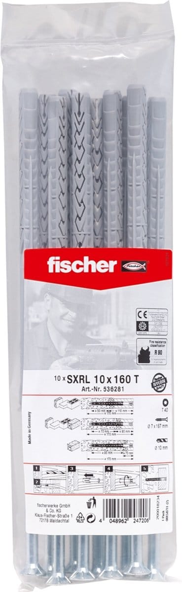 fischer SXRL 10 x 160 T Constructie/kozijnpluggen - T40 - verzonken schroef - verzinkt staal (10st)