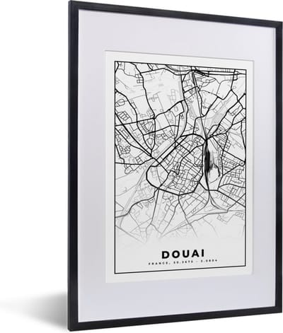 Fotolijst incl. Poster Zwart Wit- Kaart - Plattegrond - Frankrijk - Stadskaart - Douai - Zwart wit - 30x40 cm - Posterlijst