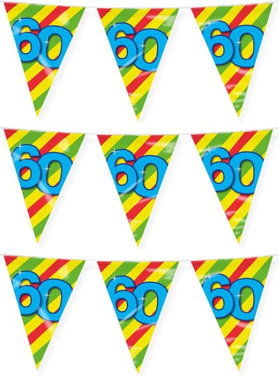 Paperdreams verjaardag 60 jaar thema vlaggetjes - 3x - feestversiering - 10m - folie - dubbelzijdig
