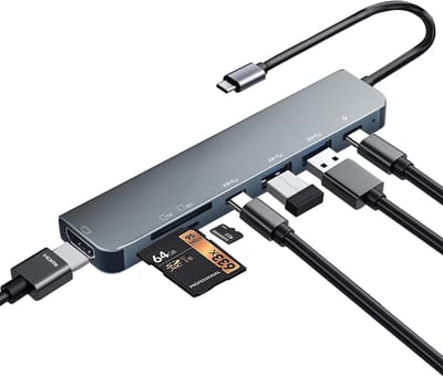 USB-C Hub Multi-Port Adapter - 7-in-1 - Supports 4K HDMI - 100W PD Charging - USB 3.0 - SD/TF Card Reader - USB-C Docking Station for MacBook Pro/Air, Chromebook, Dell, HP, and Other Type-C Laptops
