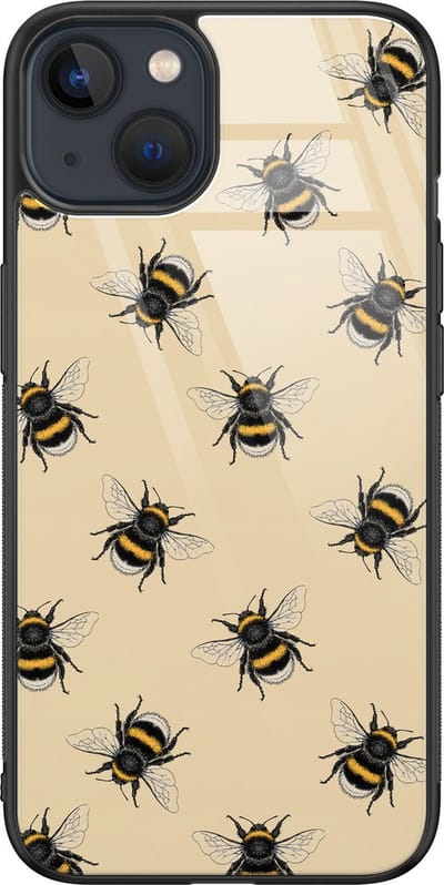 Hoesje geschikt voor iPhone 13 - Bijen print - Luxe Glazen Hardcase - Hippe print - Geel - Leuke Telefoonhoesjes
