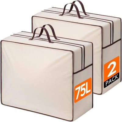 aladdien - Opbergtas - Ademend - 75 Liter - Ivoorwit - Kledingopslag - Duurzaam materiaal voor dekens en beddengoed - Set van 2